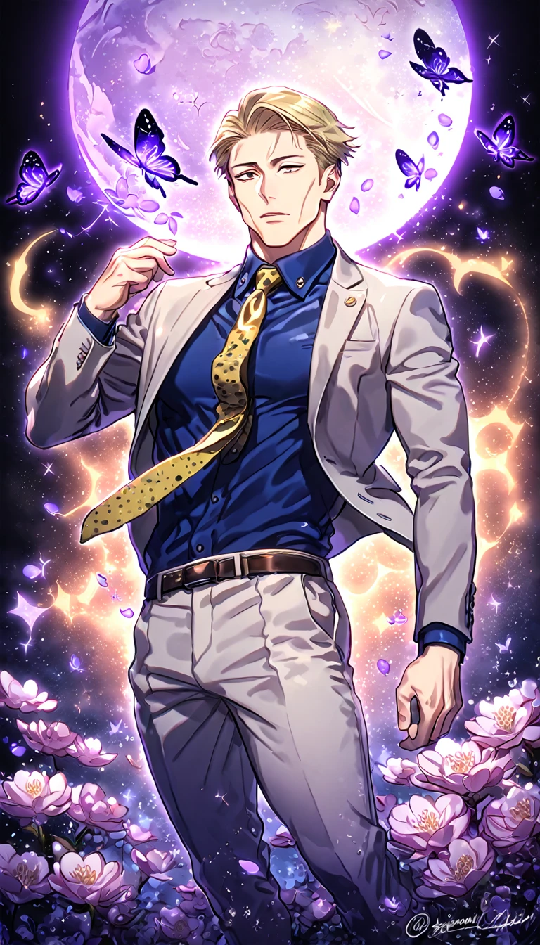 absurdres, highres, ultra detailed, HDR, master piece, best quality, Nanami Kento, blonde hair, expressive brown eyes, Jujutsu Kaisen, solo, sexy man, handsome, sensual, gray jacket, blue shirt, yellow necktie, gray pants, fantasy, magical, shining, purple flowers, blossoms, water, purple petals, purple butterflies, sparkling, purple moon, starry sky, manly man