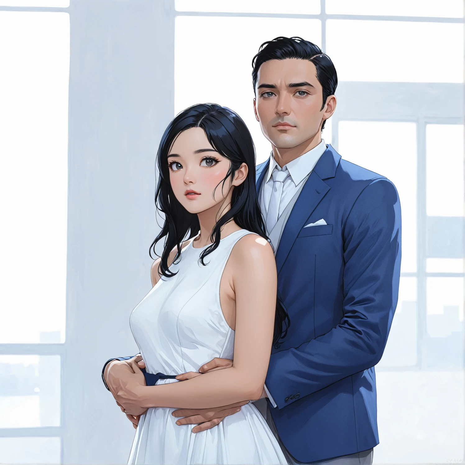 ((A couple in love)), ((woman with black hair wearing a white dress)), standing with ((a man with short black hair, wearing a blue suit)) detailed portrait, stunning detailed face portrait, beautiful waist up portrait, anime style.