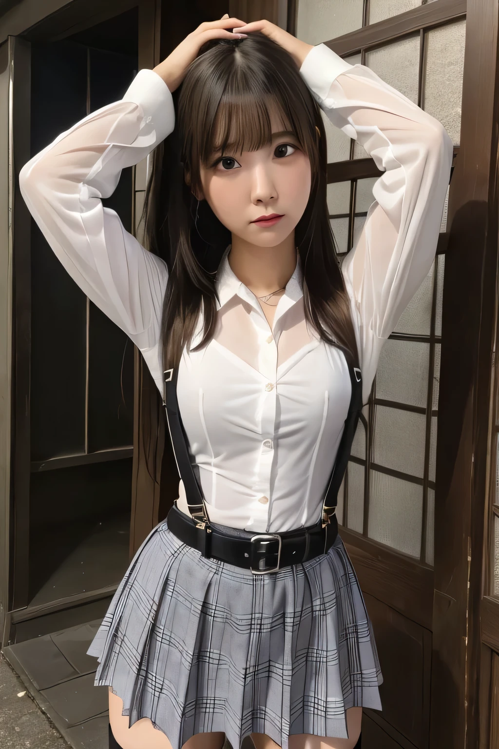 1 female, , high quality, masterpiece, Ultra-high resolution, Cinema Lighting, 1 female, , high quality, masterpiece, Ultra-high resolution, , Cinema Lighting, suspenders Moderate breasts Small face Looking up Sweat Thin belt buzzer 脇Sweat garter belt Belt on pants holster Hands behind your back Looking up Anxious face Knee-high Knee socks Knee-highソックス garter ふとももにgarter belt Checkered mini skirt Panty shot Skirt gap Armament holster holster Hands behind your back Anxious expression Anxious face, legs apart Armament Leg Holster holster See-through clothing heavy rain Rain-soaked dress shirt,Moderate breasts ガーターbelt suspenders Garter on the thigh shirt Checkered mini skirt Looking up Pause belt Armpit sweat Hands behind back Raise your hands