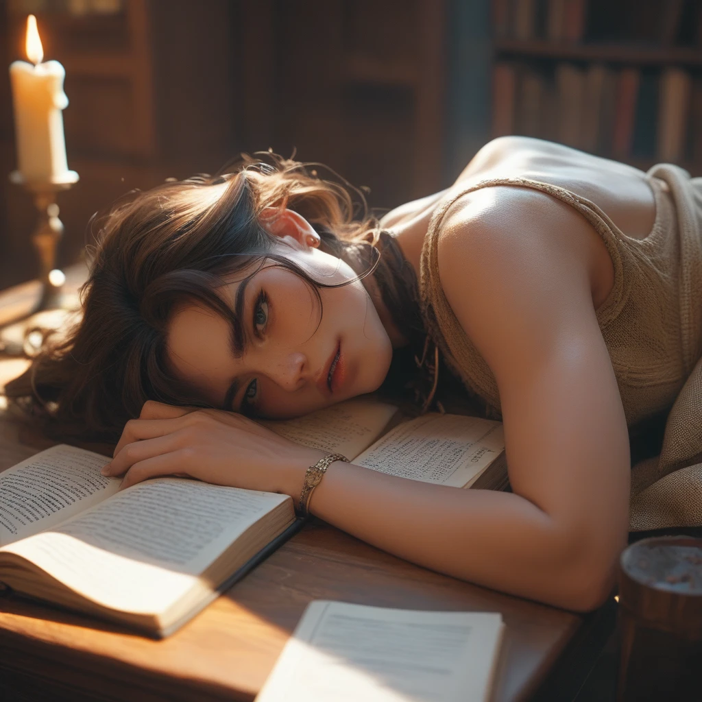 High Fantasy、Vivid depiction、live-action、Big old desk、A thick old book lying open、The candle is burning