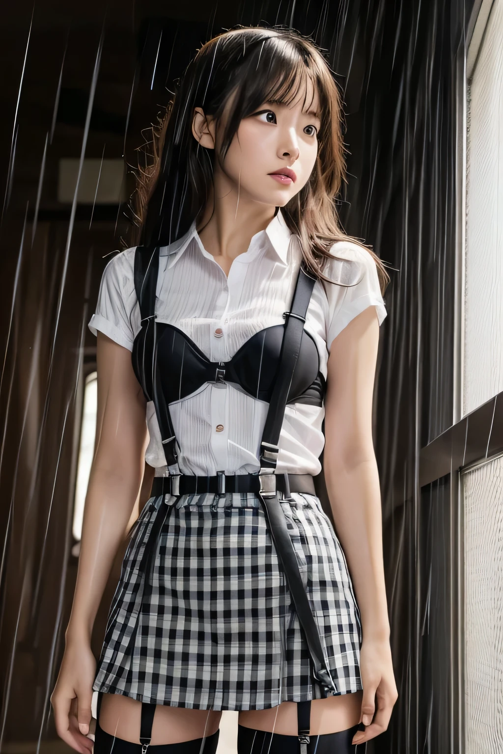 1 female, , high quality, masterpiece, Ultra-high resolution, Cinema Lighting, 1 female, , high quality, masterpiece, Ultra-high resolution, , Cinema Lighting, suspenders　　　Moderate breasts　 　 　　　　　 　　　　Small face　 　　　　　　　　　　　Looking up　　　　Sweat 　　　Thin belt　buzzer　脇Sweat 　　　　 　garter belt　　Belt on pants　　holster　 　　Hands behind your back　 　Looking up　Anxious face　Knee-high　Knee socks　Knee-highソックス 　garter　ふとももにgarter belt　Checkered mini skirt　 　　Panty shot　Skirt gap Armament　　　holster　holster 　　Hands behind your back　 Anxious expression　　Anxious face, legs apart　Armament　　Leg Holster　holster　See-through clothing　heavy rain　Rain-soaked dress shirt,Moderate breasts　ガーターbelt　suspenders　Garter on the thigh　shirt　Checkered mini skirt　Looking up　Pause　belt　Armpit sweat　Hands behind back　Raise your hands
