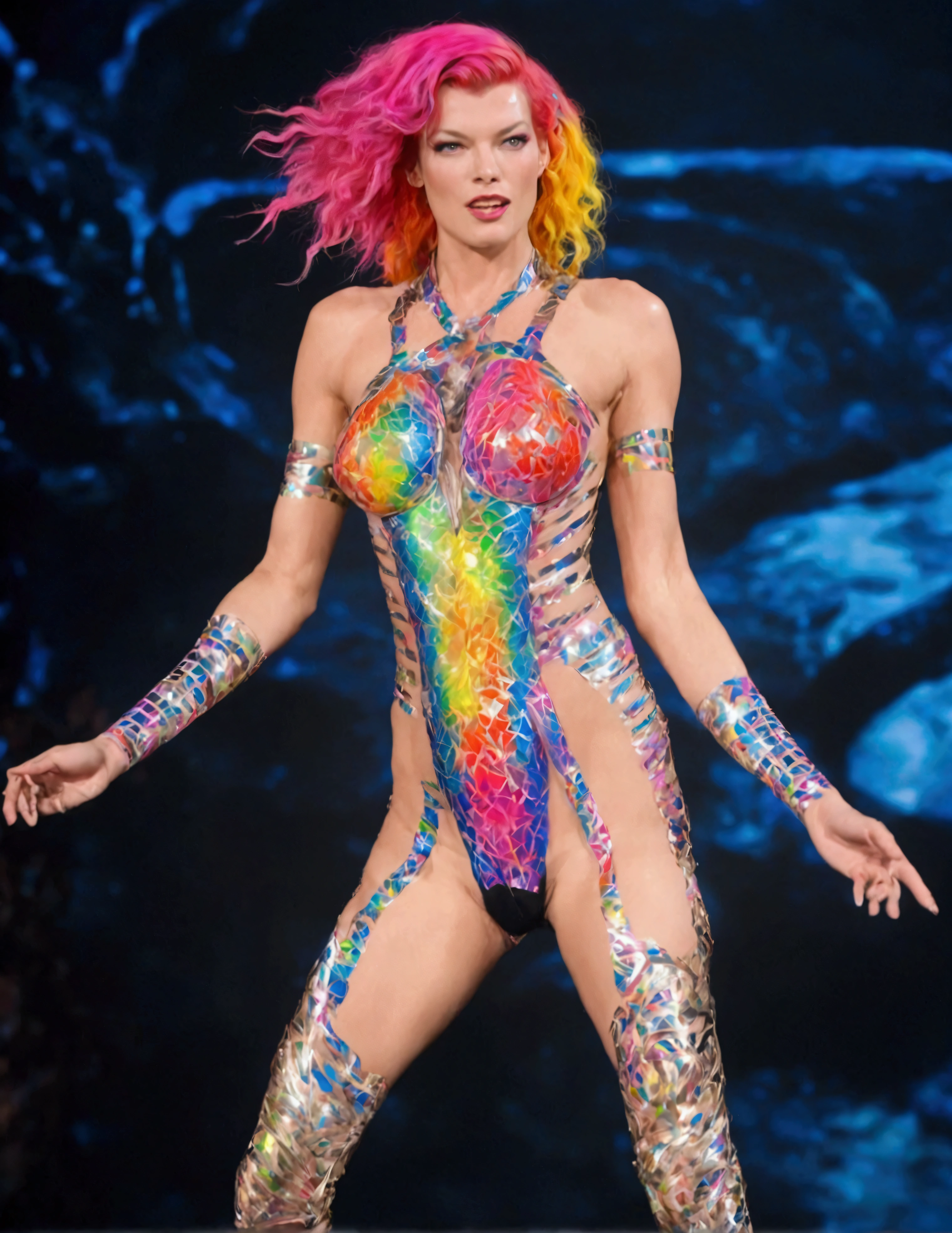 Milla Jovovich *ahe 20, neon rainbow hair, matching metal tape outfit) is performing on stage, likely performance, big leg movements
