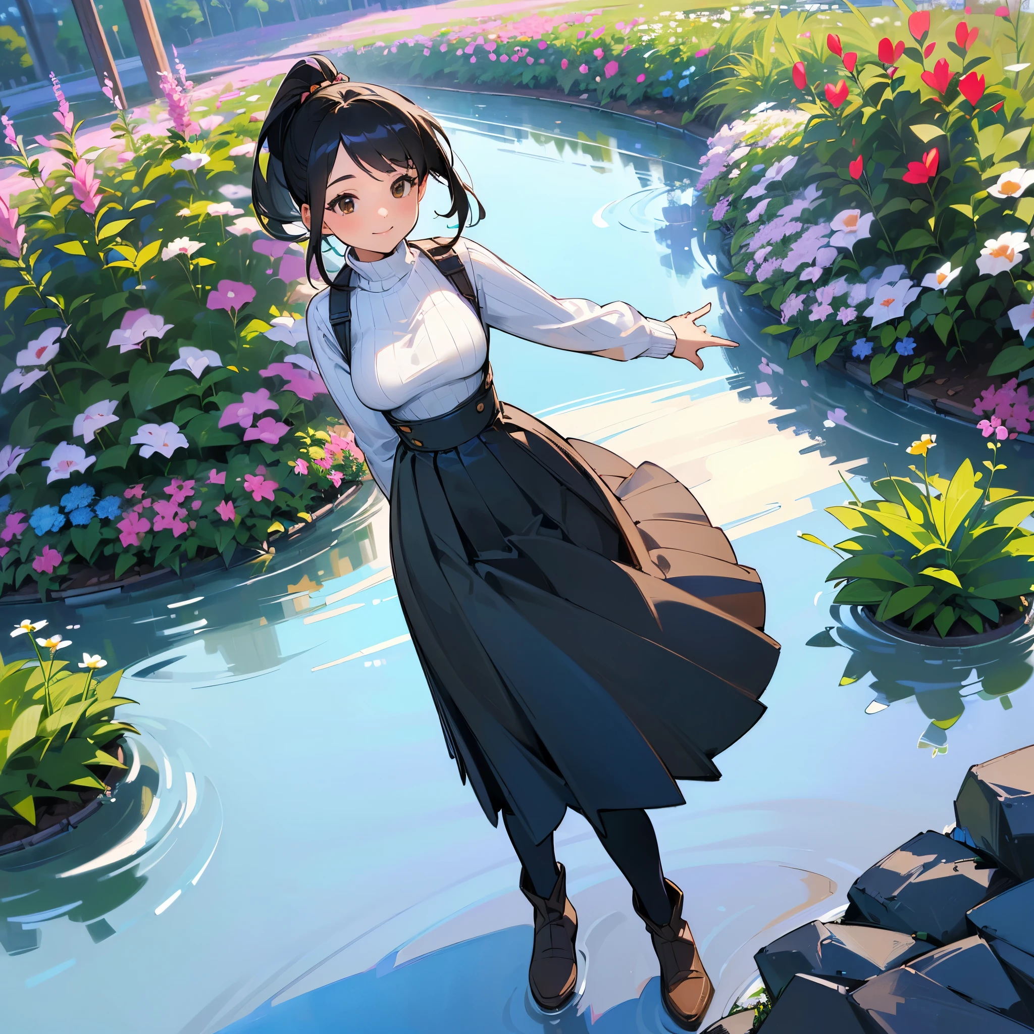 (high quality, High resolution, Very detailed, reality:1.37), Peaceful atmosphere, (Outdoor, garden), Teenage girl standing alone, (my breasts are big.), Beautiful details, Cute Smile, (Black hair ponytail), Ribbed sweater, Blue Skirt, Black tights, Brown boots.