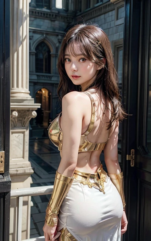 A young woman, with an ethereal beauty, stands atop a towering, rocky cliff edge. She is clad in a golden suit of armor, its surface reflecting the sunlight with an almost blinding intensity. The armor is intricately detailed, with engravings that resemble ancient constellations. Her long, golden hair cascades over her shoulders, mingling with the armor. In her hand, she holds a sword, its blade emitting a soft, ethereal glow. The background is dominated by a colossal, floating sky city, its architecture a stunning blend of gothic and futuristic elements. The city is adorned with countless spires, towers, and flying buttresses, all bathed in a warm, golden light. The sky is filled with fantastical creatures, from tiny, iridescent insects to colossal, winged serpents. Fluffy white clouds obscure parts of the city, adding depth and mystery to the scene. Focus on creating a hyperrealistic image. Use advanced lighting techniques to emphasize the golden armor and the sunlit cliff. Ensure the armor's reflections are accurate and detailed. The sky city should appear to be a tangible, physical structure, with realistic atmospheric effects like haze and fog. The creatures should be rendered with lifelike details, including feathers, scales, and muscle definition. Additional notes: Use a shallow depth of field to isolate the subject. Employ advanced rendering techniques to capture the intricate details of the armor and architecture. Consider using a cinematic lighting setup to enhance the drama and atmosphere. Keywords: hyperrealistic, photorealistic, golden armor, sky city, fantasy, epic, cinematic lighting, shallow depth of field, detailed, intricate.