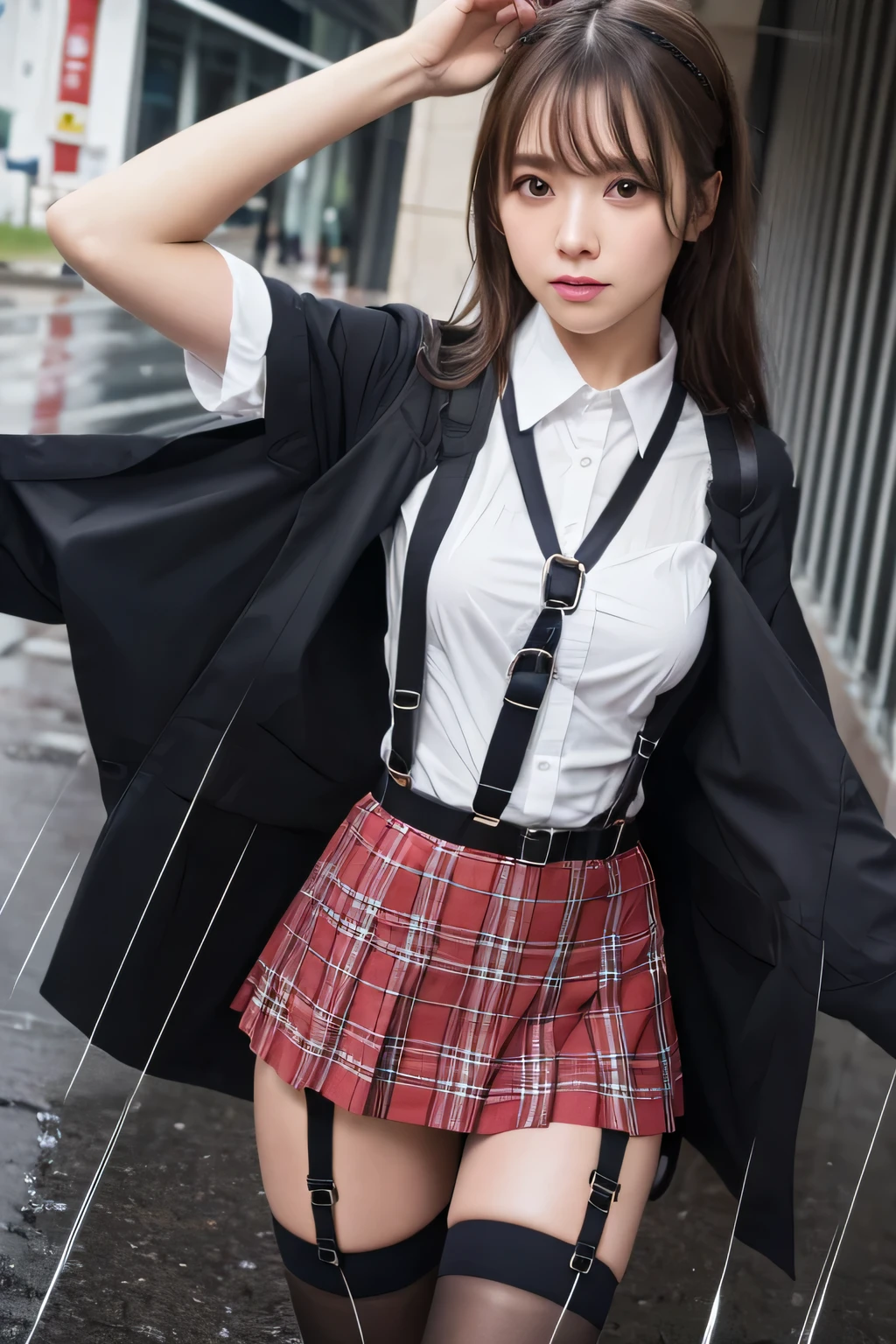 1 female, , high quality, masterpiece, Ultra-high resolution, Cinema Lighting, 1 female, , high quality, masterpiece, Ultra-high resolution, , Cinema Lighting, suspenders Moderate breasts Small face Looking up Sweat Thin belt buzzer 脇Sweat garter belt Belt on pants holster Hands behind your back Looking up Anxious face Knee-high Knee socks Knee-highソックス garter ふとももにgarter belt Checkered mini skirt Panty shot Skirt gap Armament holster holster Hands behind your back Anxious expression Anxious face, legs apart Armament Leg Holster holster See-through clothing heavy rain Rain-soaked dress shirt,Moderate breasts ガーターbelt suspenders Garter on the thigh shirt Checkered mini skirt Looking up Pause belt Armpit sweat Hands behind back Raise your hands