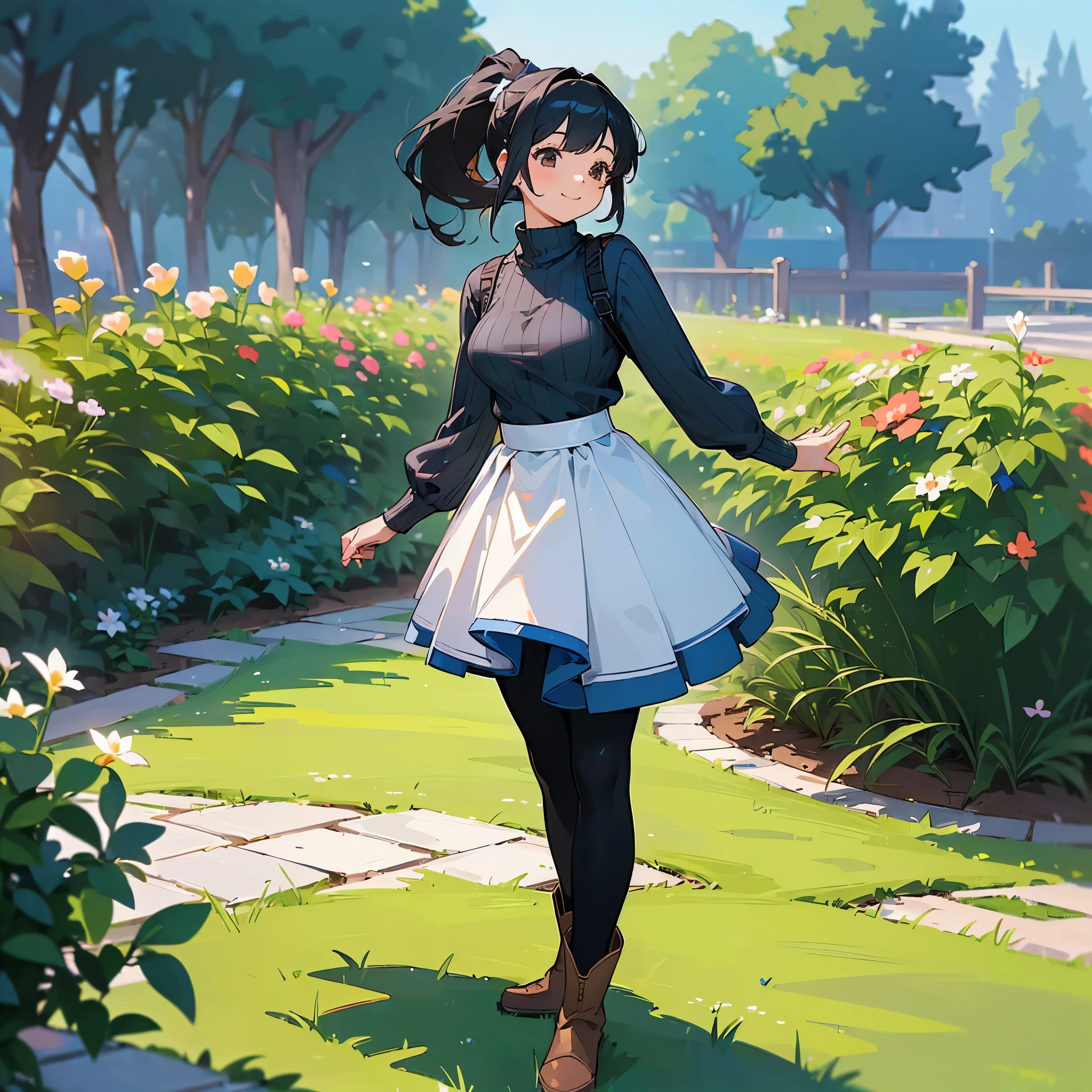 (high quality, High resolution, Very detailed, reality:1.37), Peaceful atmosphere, (Outdoor, garden), age girl standing alone, (my breasts are big.), Beautiful details, Cute Smile, (Black hair ponytail), Ribbed sweater, Blue Skirt, Black tights, Brown boots.