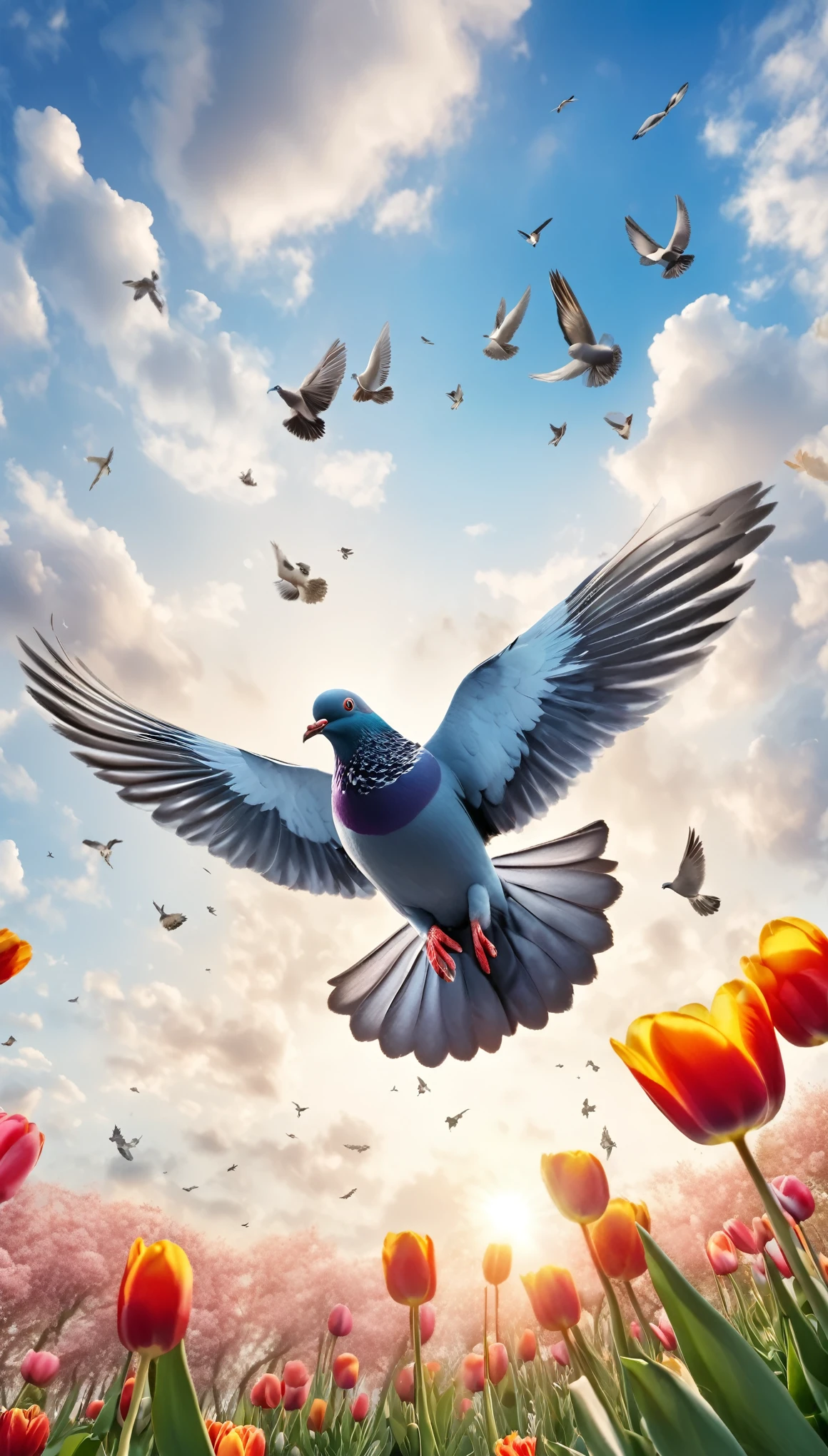 8k resolution, masterpiece, Highest quality, Award-winning works, A pigeon flying through the sky with a tulip in its beak, Symbol of peace, blue sky