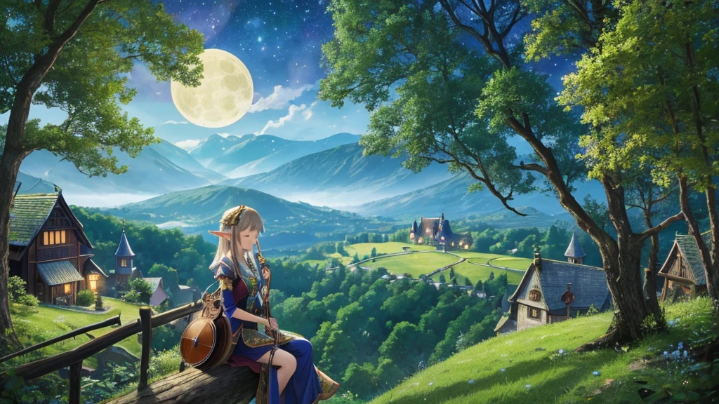 Solo, 1 Anime Elf girl playing Banjo while sitting gracefully on a tree branch ,magical atmosphere, panoramic fantasy night landscape, town in the forest can be seen, with charming houses, winding streets illuminated by moonlight, closed eyes, she wear long witch outfit, celtic, fantasy