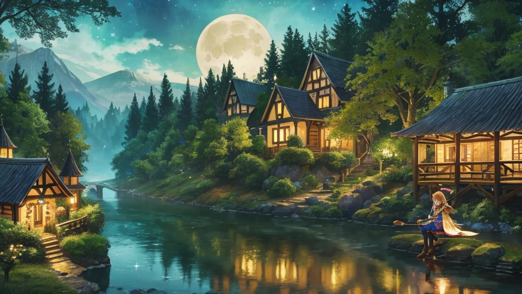 Solo, 1 Anime Elf girl playing Banjo while sitting gracefully on a tree branch ,magical atmosphere, panoramic fantasy night landscape,  town in the forest can be seen, with charming houses, winding streets illuminated by moonlight, closed eyes, she wear long witch outfit, celtic, fantasy