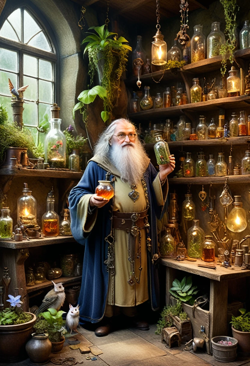 An old wizard and a little fairy, the wizard dressed in long naval robes stands in his workshop, surrounded by work tables covered with glass laboratory utensils, crystals, strange contraptions and various plants. the naughty little  fairy is naked_ on full body flying close to the wizard trying to get his attention so she can steal a potion with love elixir ♥️ with a (small heart-shaped bottle),, James Christensen,. Hyperrealistic art cinematic film still photography, fantasy,. shallow depth of field, vignette, moody, epic, gorgeous,. realism pushed to extreme, fine texture, incredibly lifelike