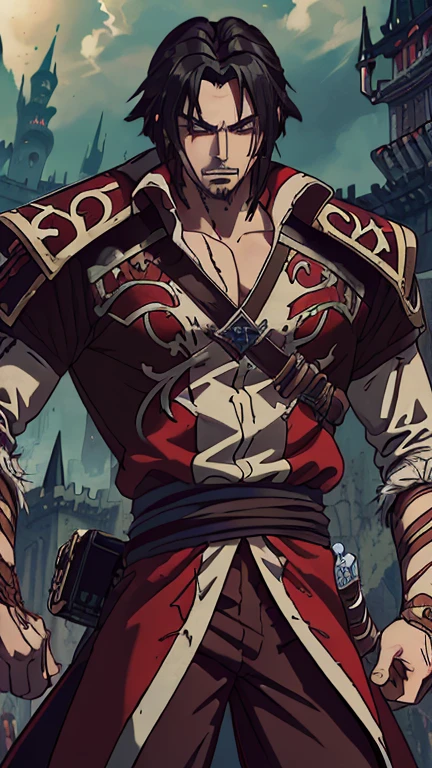 (1boy: trevorbelmont), (extremely detailed CG unit 8k wallpaper),(master part), (best quality), (ultra detail), (best illustration),(Oda Eiichirou style), cowboy shot, (Sharp eyeliner, ombre, detail eyes:1), Dracula Castle background, ,break , (vamptech), Upper body,