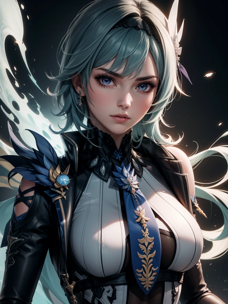 Illustration, UHD, retina, masterpiece, accurate, anatomically correct, super detail, high details, high quality, award winning, best quality, highres, good anatomy, 1080P, HD, 4K, 8k, 16k, 1girl, dynamic pose, androgynous, portrait, eula, genshin impact, looking at viewer, lighting, shading, rendering, big chest, detailed hair, detailed clothes, detailed eyes
