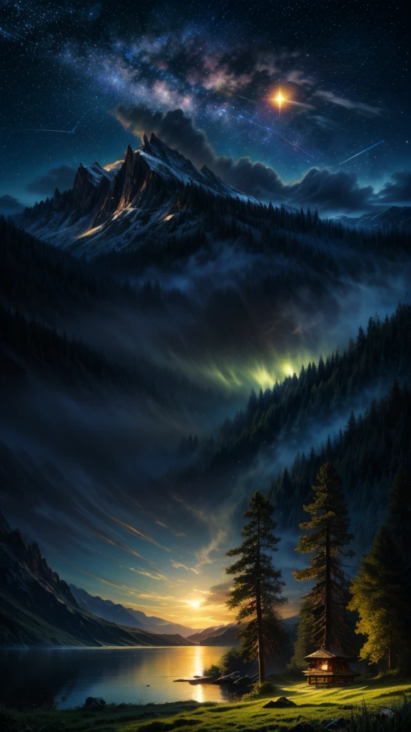 (Logo, Amazing, 8K, Tabletop, Raw Photo, Amazing, Top Quality, Photorealistic and Highly Detailed, CG, High Quality, Highly Detailed, Narrative Verse, Particle Effects, Dynamic Effects, Text Border the depth, cinematic lights, flares, raytracing, tabletop, realistic, ultra HD, fantasy), the wind, the beauty and brilliance of mountains and forests, the serenity and beauty of the world's grasslands and vast lands, Lakeside, wonderful scenery, beautiful natural scenery, night, starry sky, constellation, full moon, space, gorgeous, view, water, constellation, wonder, fantastic, meteor, magic, best illumination, best shadow