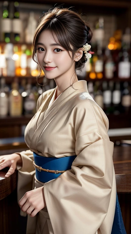 photography of a brightly sangmi nam who is korean actress,masterpiece,photorealistic,analog,realism,korean idol,slim leg, long_brown_hair,1 girl, very bright backlighting, solo, {beautiful and detailed eyes},large breasts, calm expression, natural and soft light,delicate facial features, Blunt bangs, beautiful Korean girl, eye smile,28yo, ((model pose)), Glamor body type,half red and half hair, flim grain, realhands, masterpiece, Best Quality, photorealistic, ultra-detailed, finely detailed, high resolution,brown messy hair, perfect dynamic composition, beautiful detailed eyes,Korean girl,((nervous and embarrassed)),sharp-focus, beautymix, FilmGirl,(hair in an updo:1.3),(wearing a beige color kimono:1.3),facing reality,(smile:1.5),(You must be standing at the bar:1.3),(upperboy shot:1.3)