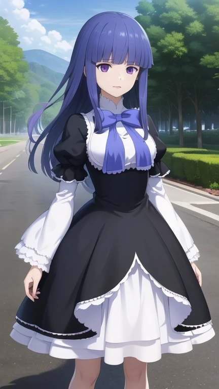 masterpiece, best quality, highres, aabern, long hair, blue hair, blunt bangs, purple eyes, bowtie, frills, black dress, puffy sleeves, short over long sleeves, long sleeves, standing, cowboy shot, outdoors