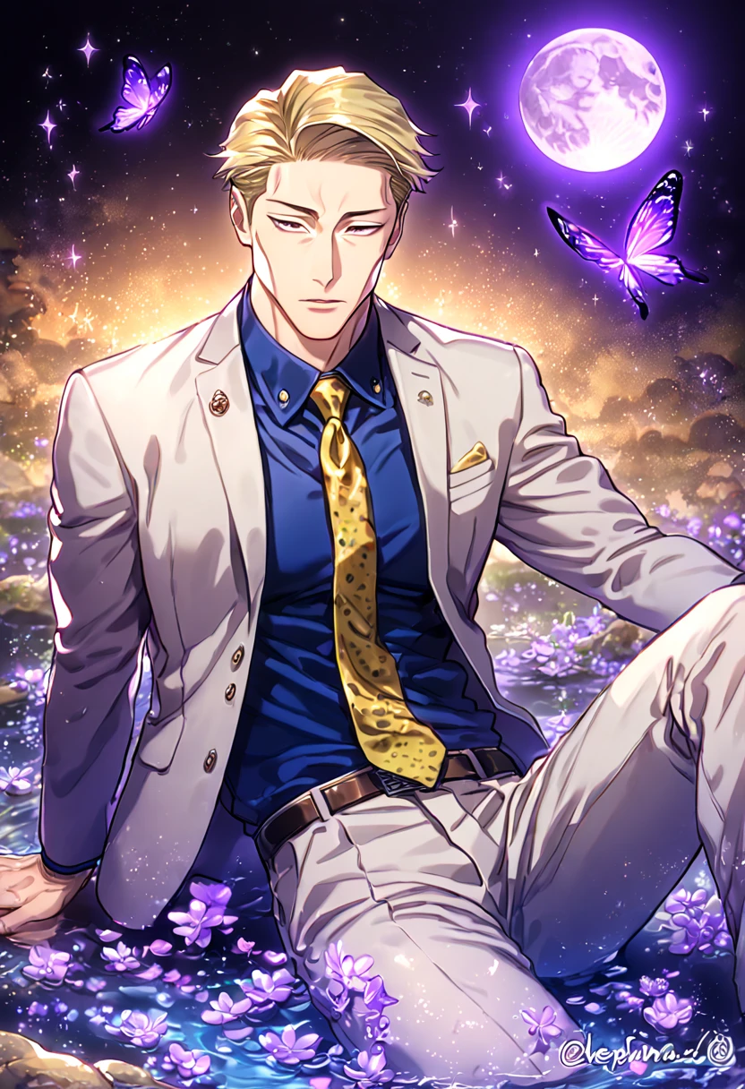 absurdres, highres, ultra detailed, HDR, master piece, best quality, Nanami Kento, blonde hair, expressive brown eyes, Jujutsu Kaisen, solo, sexy man sitting, handsome, sensual, gray jacket, blue shirt, yellow necktie, gray pants, fantasy, magical, shining, purple flowers, blossoms, water, purple petals, purple butterflies, sparkling, purple moon, starry sky, manly man