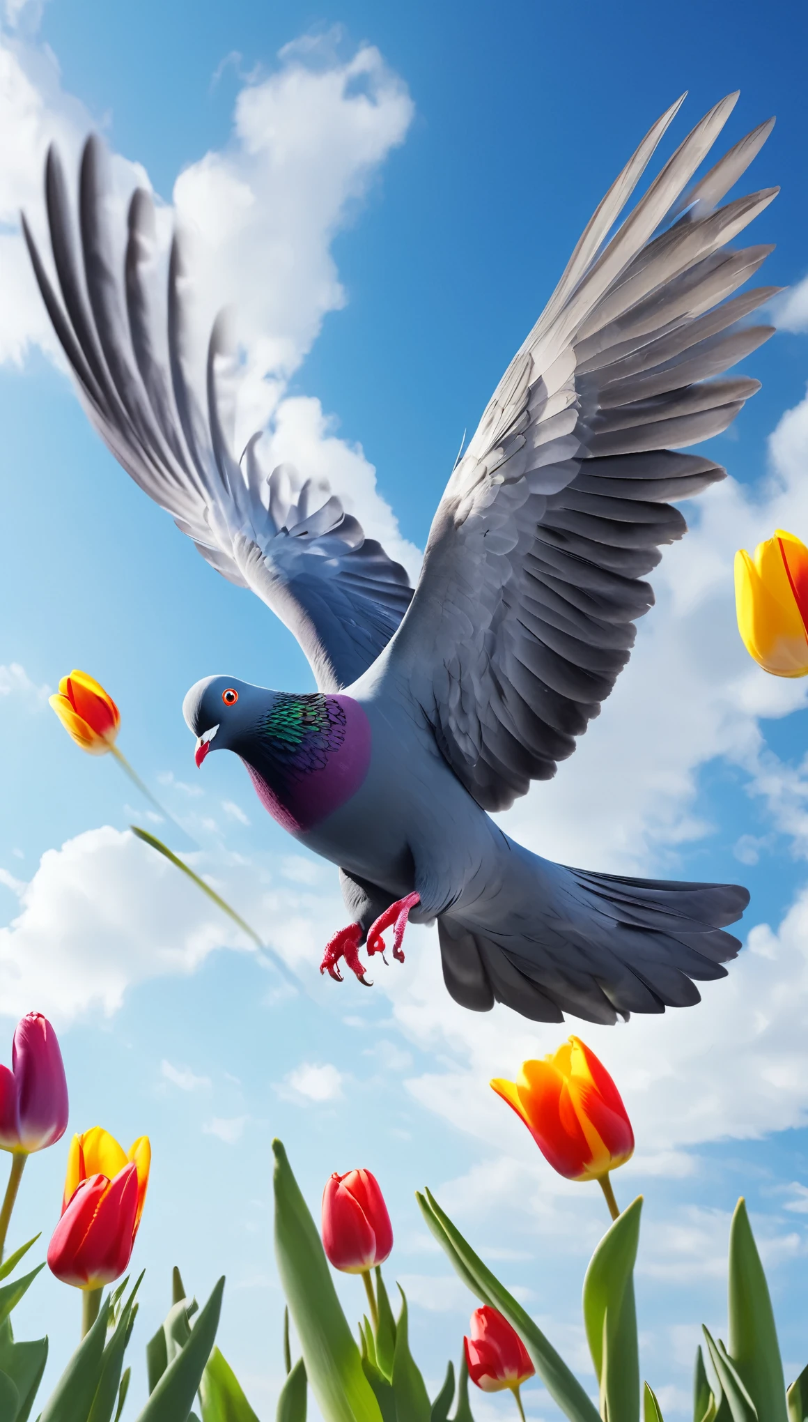 8k resolution, masterpiece, Highest quality, Award-winning works, A pigeon flying through the sky with a tulip in its beak, Symbol of peace, blue sky