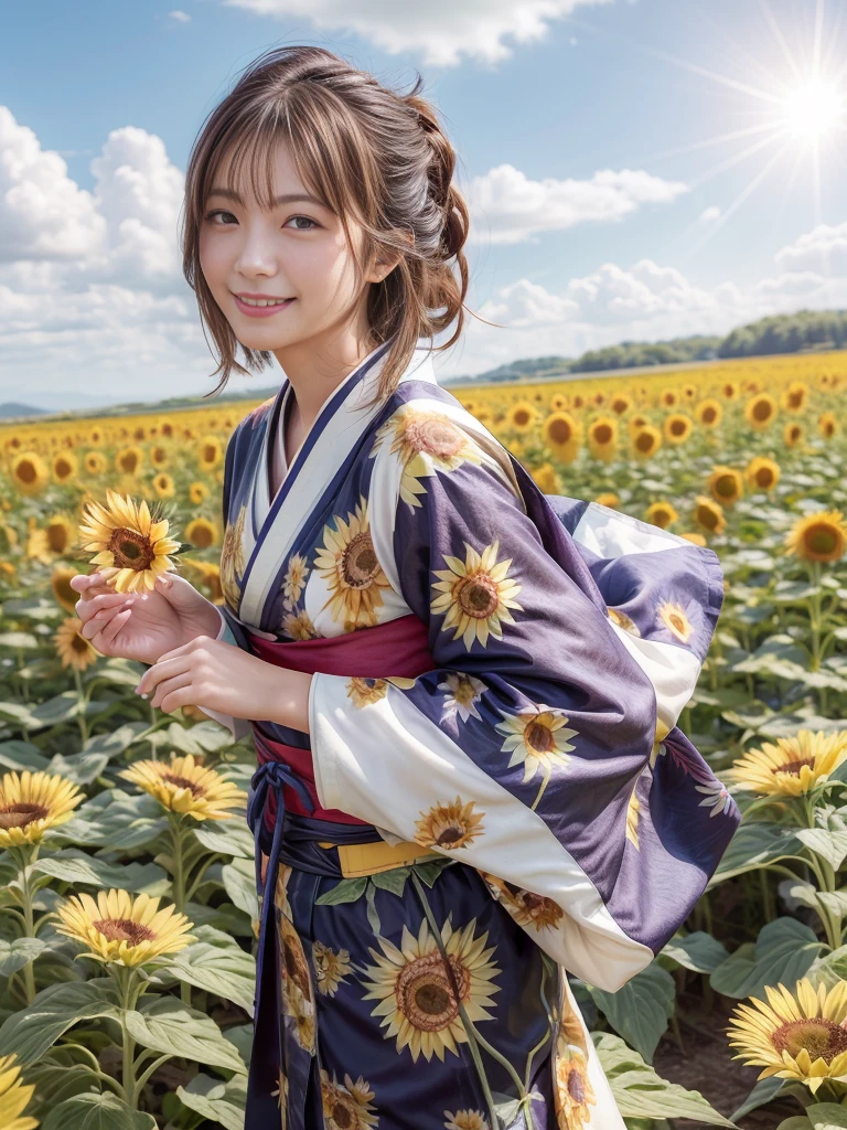 top-quality、​masterpiece、超A high resolution、(Photorealsitic:1.4)、1girl in，Beautuful Women，Very beautiful woman、infp young woman、Sunshine，the sun shines on my hair，Black national costume，japanese kimono，The wind passes through the wide sky，white clouds，yellow sunflower field，Smiling Woman，kawaii，Very good style，A woman wearing a kimono fluttering in the wind，Petals are scattering in the sky