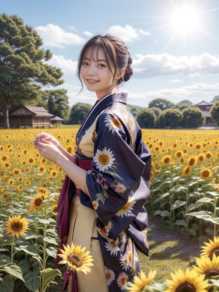 top-quality、​masterpiece、超A high resolution、(Photorealsitic:1.4)、1girl in，Beautuful Women，Very beautiful woman、infp young woman、Sunshine，the sun shines on my hair，Black national costume，japanese kimono，The wind passes through the wide sky，white clouds，yellow sunflower field，Smiling Woman，kawaii，Very good style，A woman wearing a kimono fluttering in the wind，Petals are scattering in the sky