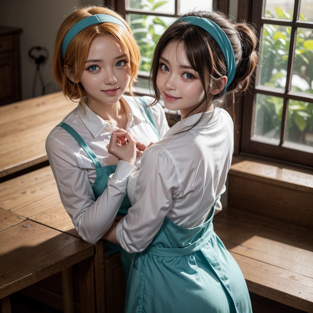 work of art,best qualityer,アニメ,(2d:1.2),Inside the house, , 1 girl, roswaal mansion housekeeper uniform, standing alone, housekeeper, cyan blue eyes, shorth hair,弓 hairband, hair between the eyes, detached sleeves, looking ahead at viewer, red hair band,cinta, bangss, looking back, 弓, hair orange,red cinta, black sleeves, window, long sleeves, apron, white 弓, volantes,cinta trim,drlight smile, own hands together,