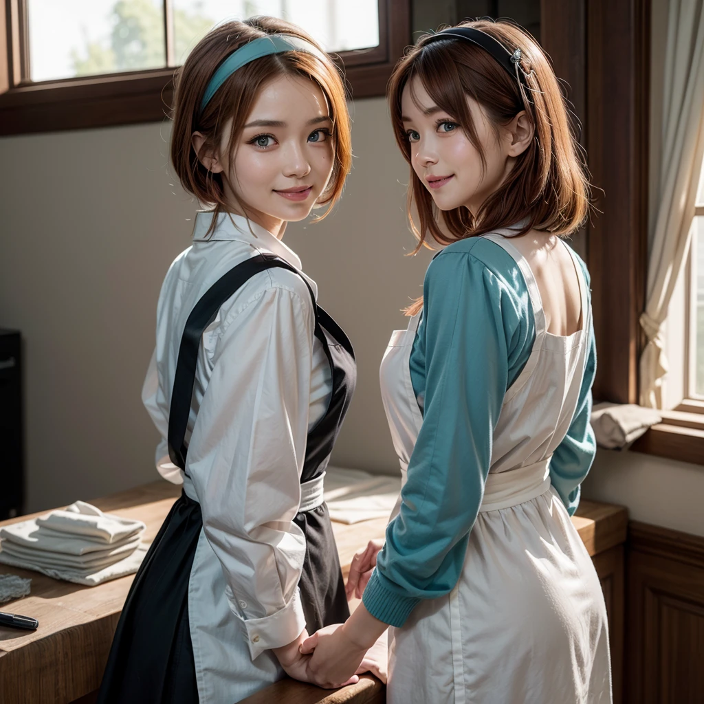 work of art,best qualityer,アニメ,(2d:1.2),Inside the house, , 1 girl, roswaal mansion housekeeper uniform, standing alone, housekeeper, cyan blue eyes, shorth hair,弓 hairband, hair between the eyes, detached sleeves, looking ahead at viewer, red hair band,cinta, bangss, looking back, 弓, hair orange,red cinta, black sleeves, window, long sleeves, apron, white 弓, volantes,cinta trim,drlight smile, own hands together,