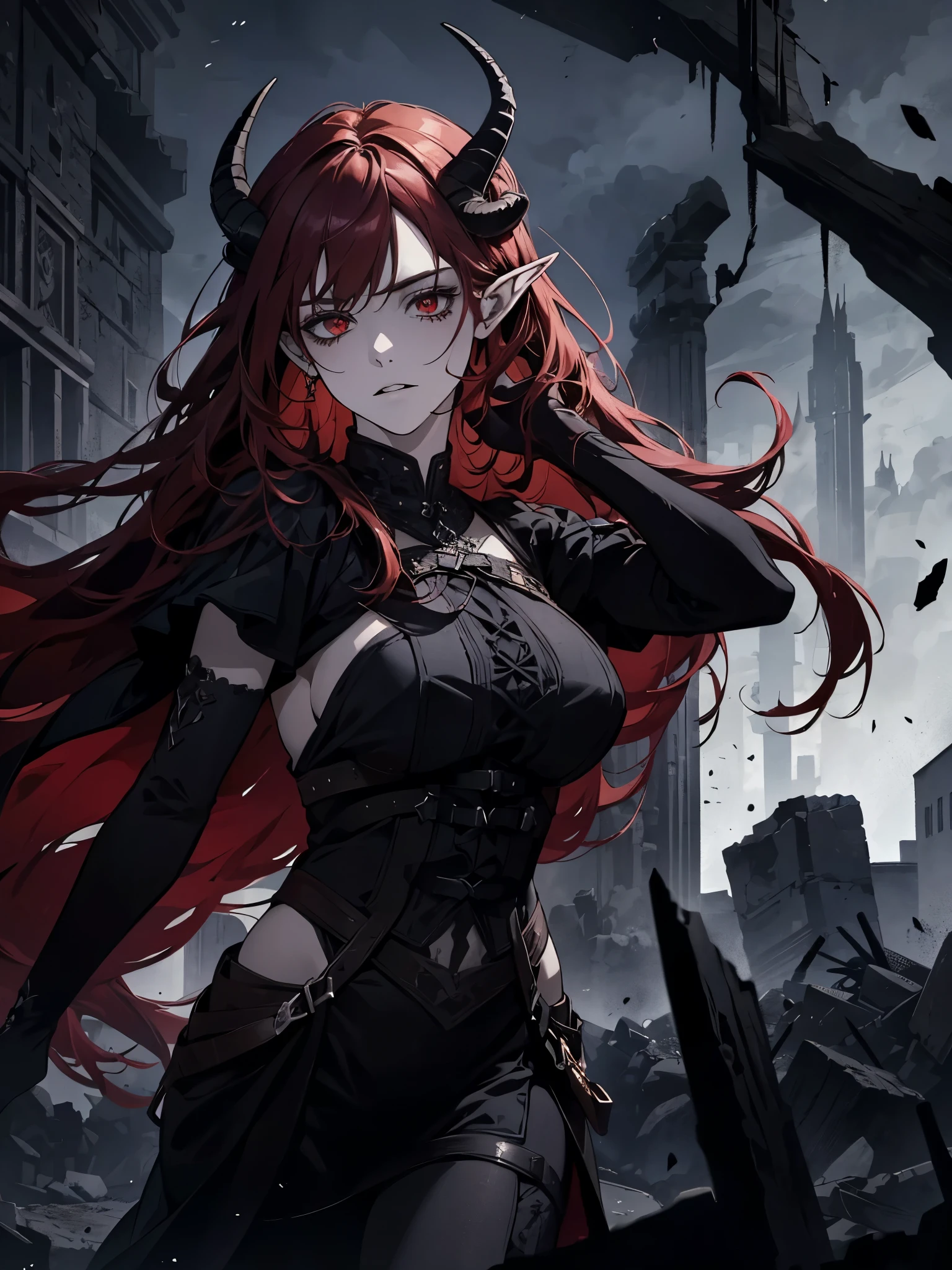 (masterpiece, high quality, highly detailed)
A beautiful demon woman, in her 30s, with goat-like horns. She has long, flowing red hair and piercing red eyes, with fair skin and pointed elf-like ears. Her body is beautifully curved. She stands in the midst of a crumbling castle, the aftermath of a fierce battle visible around her. Her face shows signs of fatigue, and she has various injuries on her body. She wears revealing medieval-style clothing, primarily in black, that accentuates her curves. The woman stands with her arms open in a dramatic or heroic pose, reminiscent of Homelander from The Boys. The background features the ruins of the castle, with debris and broken walls, adding a dramatic and melancholic atmosphere to the scene. The lighting is dramatic with dark tones, and the sky appears to be at twilight or dawn.