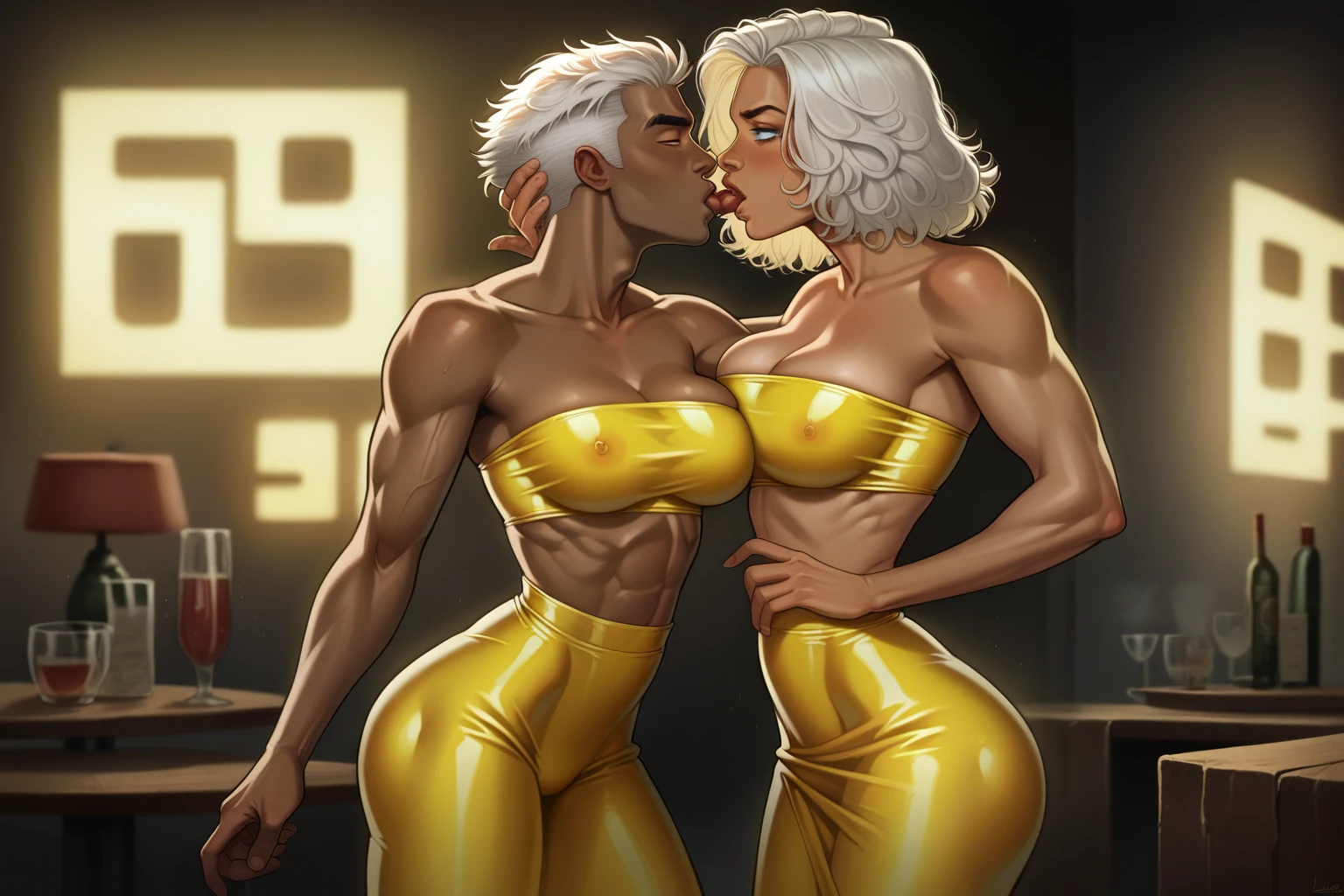  rating_explicit, 2 woman, 1 short white hair woman, white skin, slim body, slender body, black lipstick,  doggystyle sex, 1 black strong tall woman futanari, african skin, robotic red arms futanari, black bun samurai hair, pool, purple lights, night, dark, holding waist, moan, smile, cum, kissing