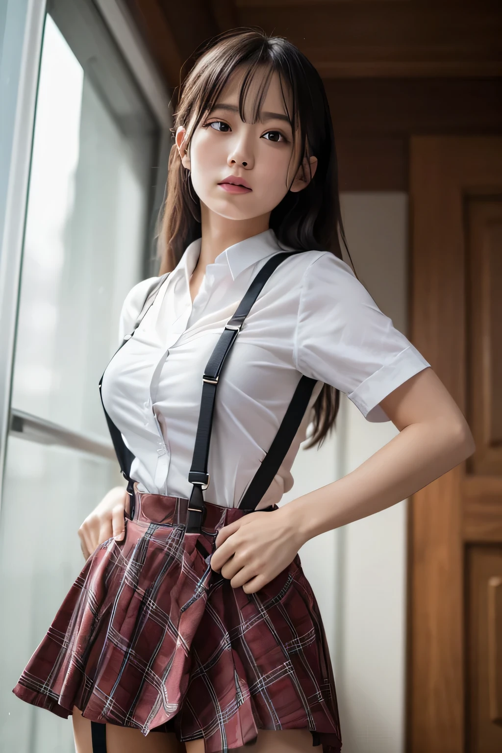 1 female, , high quality, masterpiece, Ultra-high resolution, Cinema Lighting, 1 female, , high quality, masterpiece, Ultra-high resolution, , Cinema Lighting, suspenders Moderate breasts Small face Looking up Sweat Thin belt buzzer 脇Sweat garter belt Belt on pants holster Hands behind your back Looking up Anxious face Knee-high Knee socks Knee-highソックス garter ふとももにgarter belt Checkered mini skirt Panty shot Skirt gap Armament holster holster Hands behind your back Anxious expression Anxious face, legs apart Armament Leg Holster holster See-through clothing heavy rain Rain-soaked dress shirt,Moderate breasts ガーターbelt suspenders Garter on the thigh Checkered mini skirt Looking up Pause belt Armpit sweat Hands behind back Raise your hands