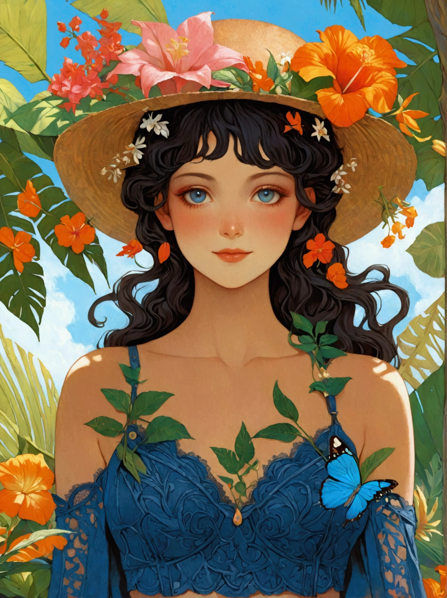 Summer tropical flower forest, Victorias Secret Fashion Show, Beautiful western girl in denim blue sexy lace crop top, With flowers and plants, Perfectly symmetrical body shape, Beautiful, seamless, symmetrical face, complex, grace, Very detailed, number, Trending on pinterest, Harper Bazaar, concept art, sharp focus, author：Art Jem, Tom Bagshaw, Lawrence Alma Tadema, Greg Rutkoski, norman rockwell, golden ratio, gentle smile, illustration, Minimalism, Ghibli-like colours, anime style, 8K, UHD, masterpiece, accurate, anatomically correct, textured skin, super detail, best quality