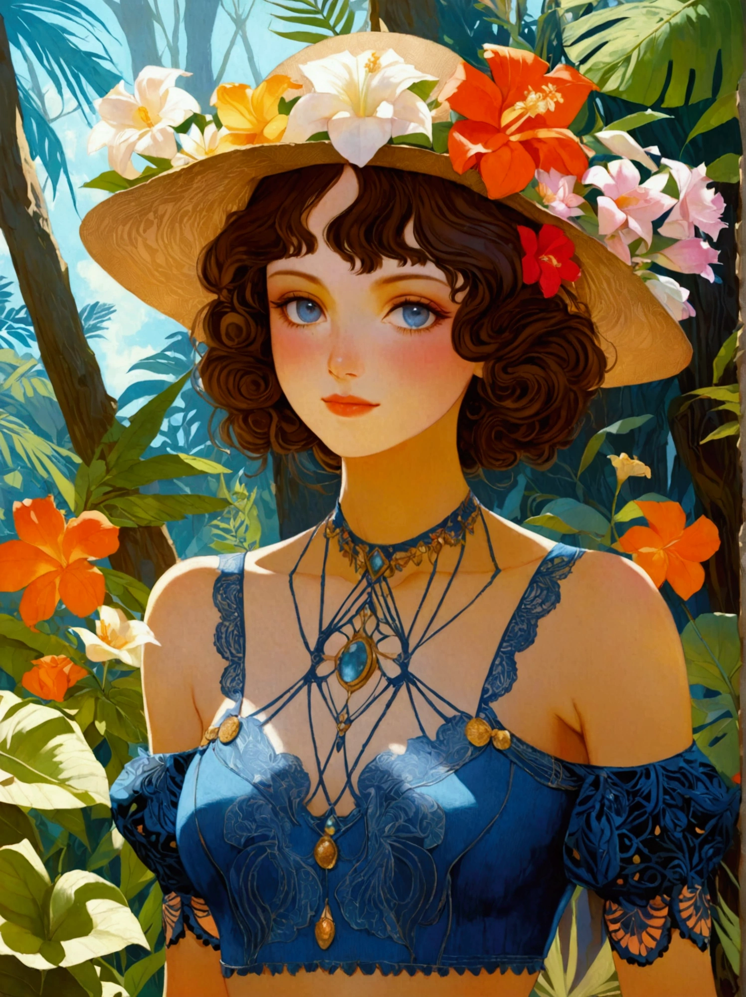 Summer tropical flower forest, Victorias Secret Fashion Show, Beautiful western girl in denim blue sexy lace crop top, With flowers and plants, Perfectly symmetrical body shape, Beautiful, seamless, symmetrical face, complex, grace, Very detailed, number, Trending on pinterest, Harper Bazaar, concept art, sharp focus, author：Art Jem, Tom Bagshaw, Lawrence Alma Tadema, Greg Rutkoski, norman rockwell, golden ratio, gentle smile, illustration, Minimalism, Ghibli-like colours, anime style, 8K, UHD, masterpiece, accurate, anatomically correct, textured skin, super detail, best quality