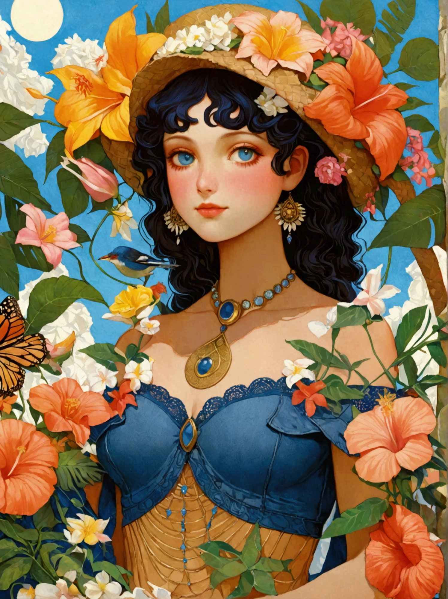 Summer tropical flower forest, Victorias Secret Fashion Show, Beautiful western girl in denim blue sexy lace crop top, With flowers and plants, Perfectly symmetrical body shape, Beautiful, seamless, symmetrical face, complex, grace, Very detailed, number, Trending on pinterest, Harper Bazaar, concept art, sharp focus, author：Art Jem, Tom Bagshaw, Lawrence Alma Tadema, Greg Rutkoski, norman rockwell, golden ratio, gentle smile, illustration, Minimalism, Ghibli-like colours, anime style, 8K, UHD, masterpiece, accurate, anatomically correct, textured skin, super detail, best quality