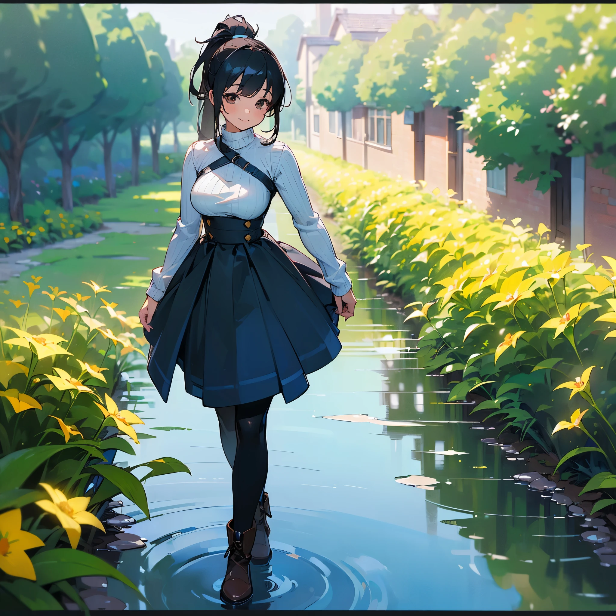 (high quality, High resolution, Very detailed, reality:1.37), Peaceful atmosphere, (Outdoor, garden), Teenage girl standing alone, (my breasts are big.), Beautiful details, Cute Smile, (Black hair ponytail), Ribbed sweater, Blue Skirt, Black tights, Brown boots.