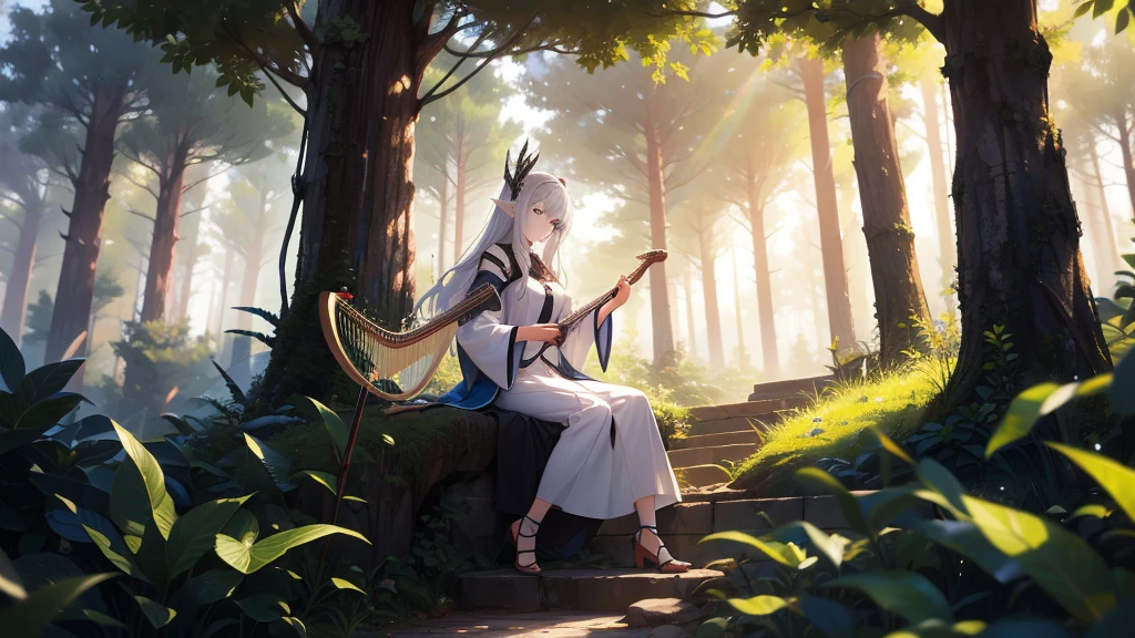 masterpiece, best quality, high quality, detailed, ultra detailed, hyper detailed, insanely detailed, exquisite, beautiful, FHD, Full-HD, 4K, 8K, 16K, highres, absurdres, forest, 1woman, Elf woman playing harp, meditating, intelligent, sitting, long hair, brown hair, silver hair, blue eyes, pale skin, fair skin, in the forest, with a tree, fantasy, beautiful, full body shot,wide shot, lens flare, dust effect,an14