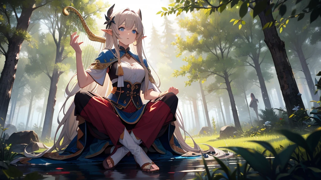 masterpiece, best quality, high quality, detailed, ultra detailed, hyper detailed, insanely detailed, exquisite, beautiful, FHD, Full-HD, 4K, 8K, 16K, highres, absurdres, forest, 1woman, Elf woman playing harp, meditating, intelligent, sitting, long hair, brown hair, silver hair, blue eyes, pale skin, fair skin, in the forest, with a tree, fantasy, beautiful, full body shot,wide shot, lens flare, dust effect,an14