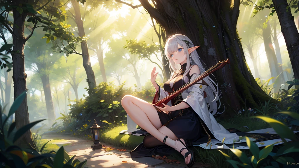 masterpiece, best quality, high quality, detailed, ultra detailed, hyper detailed, insanely detailed, exquisite, beautiful, FHD, Full-HD, 4K, 8K, 16K, highres, absurdres, forest, 1woman, Elf woman playing harp, meditating, intelligent, sitting, long hair, brown hair, silver hair, blue eyes, pale skin, fair skin, in the forest, with a tree, fantasy, beautiful, full body shot,wide shot, lens flare, dust effect,an14