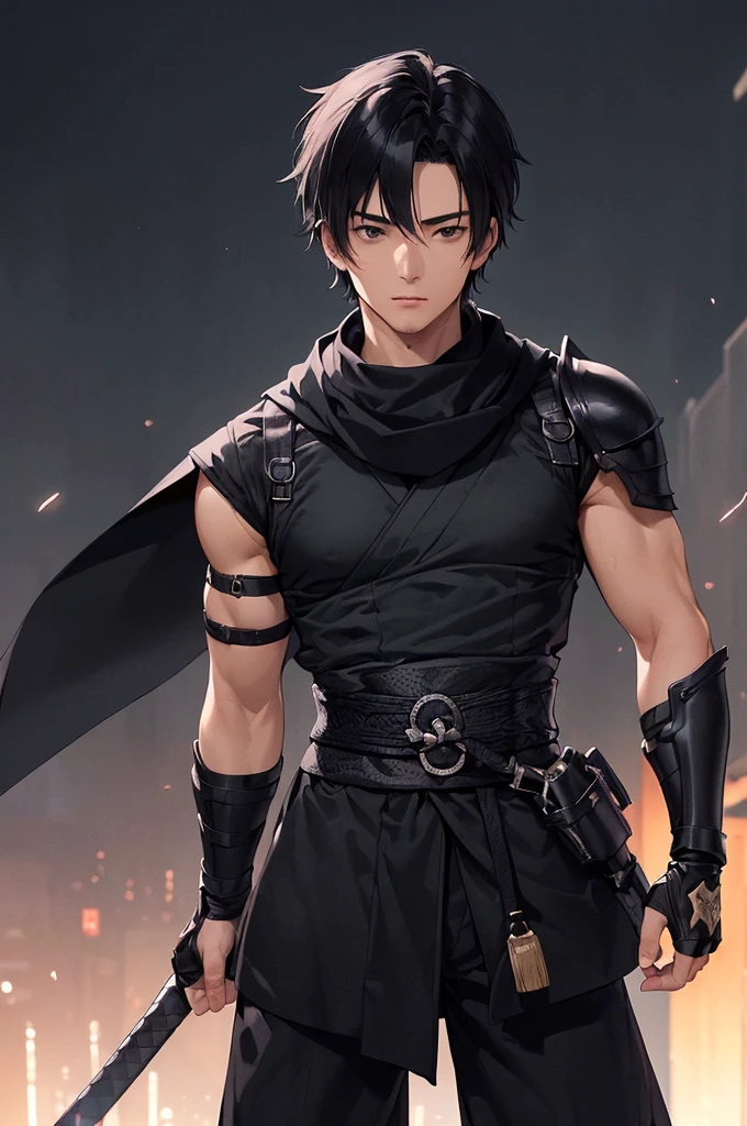 (((masterpiece; best quality: 1.2))), (finely detailed eyes: 1.3), ((1 young man)), ((solo)), (black eyes: 1.4), (body shape; lean, masculine: 1.3), (very short black hair: 1.3), (beautiful and clear background: 1.2), ((depth of field)), (equipment: black shinobi clothing + fully covered + black kimono + black pants + black scarf + black bracers + black fingerless gloves + wolf mask: 1.3), (anime illustration: 1.2), (background composition; old japanese mansion + night: 1.1), (extremely fine and handsome: 1.1), (shot composition; standing + centered on torso + close-up: 1.5), (facial expression; calm, stoic: 1.2)