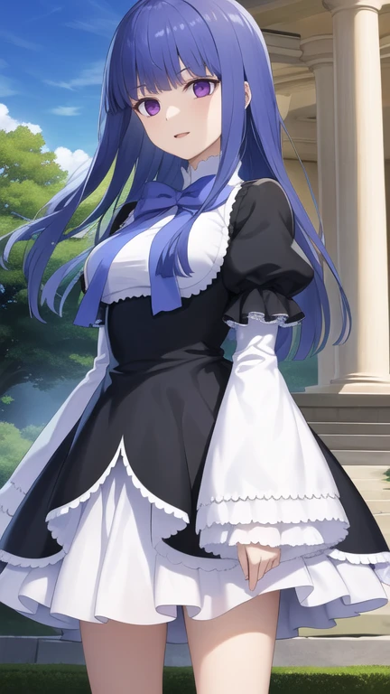 masterpiece, best quality, highres, aabern, long hair, blue hair, blunt bangs, purple eyes, bowtie, frills, black dress, puffy sleeves, short over long sleeves, long sleeves, standing, cowboy shot, outdoors