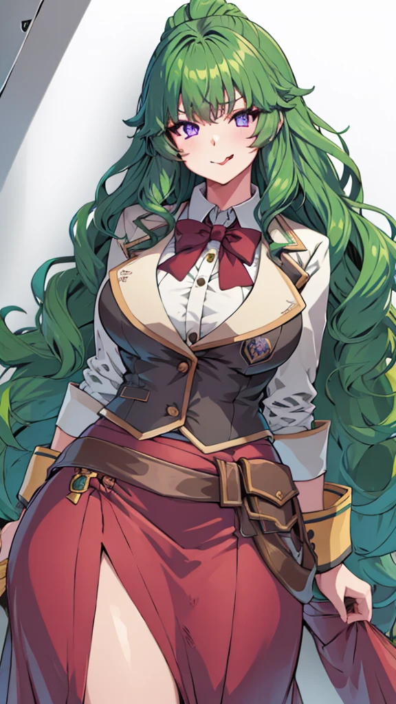 High detailed, masterpiece, 1 girl, green hair, wavy large wild hairstyle, violet eyes, yangms, big busty, tongue-out, firm plump body, strong, schoolar uniform, pencilskirt, red skirt,