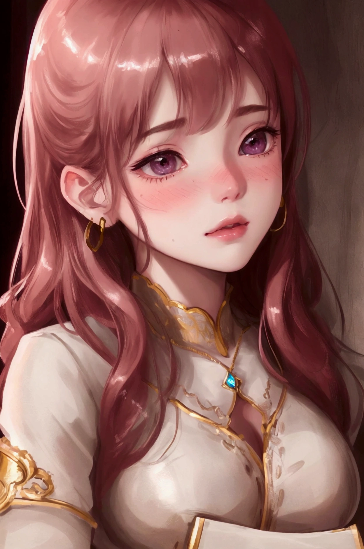 girl with blushing cheeks, gasping for air, detailed realistic portrait, high quality, photorealistic, 8k, hyper detailed, cinematic lighting, dramatic shadows, warm color tones, delicate skin texture, beautiful glossy eyes, intricate facial features