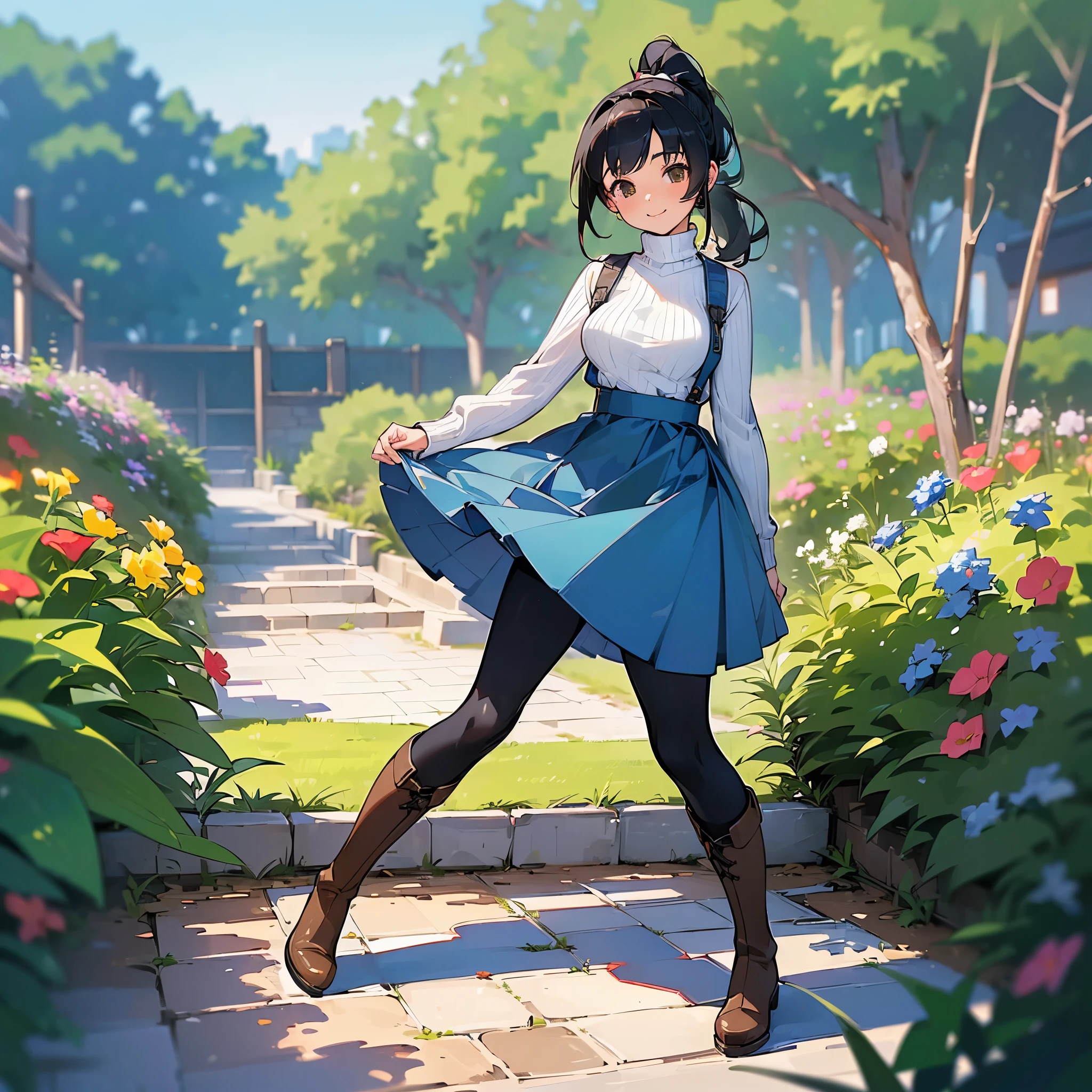 (high quality, High resolution, Very detailed, reality:1.37), Peaceful atmosphere, (Outdoor, garden), Teenage girl standing alone, (my breasts are big.), Beautiful details, Cute Smile, (Black hair ponytail), Ribbed sweater, Blue Skirt, Black tights, Brown boots.