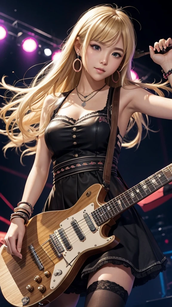 A rockstar ramen with a guitar, performing passionately. A large stage with the audience’s cheers and a light show --ar 9:16 -- at 6.0 --s 750,19 years old, alone, Long Hair, View your viewers, Blonde, Brown eyes, gem, whole body, Realistic, Sexy、Big Breasts 、stockings、clip on earrings,during,bracelet、embarrassed,blush,teache、