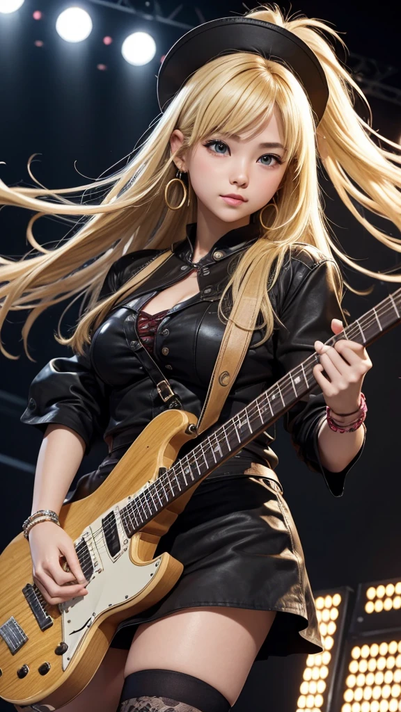 A rockstar ramen with a guitar, performing passionately. A large stage with the audience’s cheers and a light show --ar 9:16 -- at 6.0 --s 750,19 years old, alone, Long Hair, View your viewers, Blonde, Brown eyes, gem, whole body, Realistic, Sexy、Big Breasts 、stockings、clip on earrings,during,bracelet、embarrassed,blush,teache、