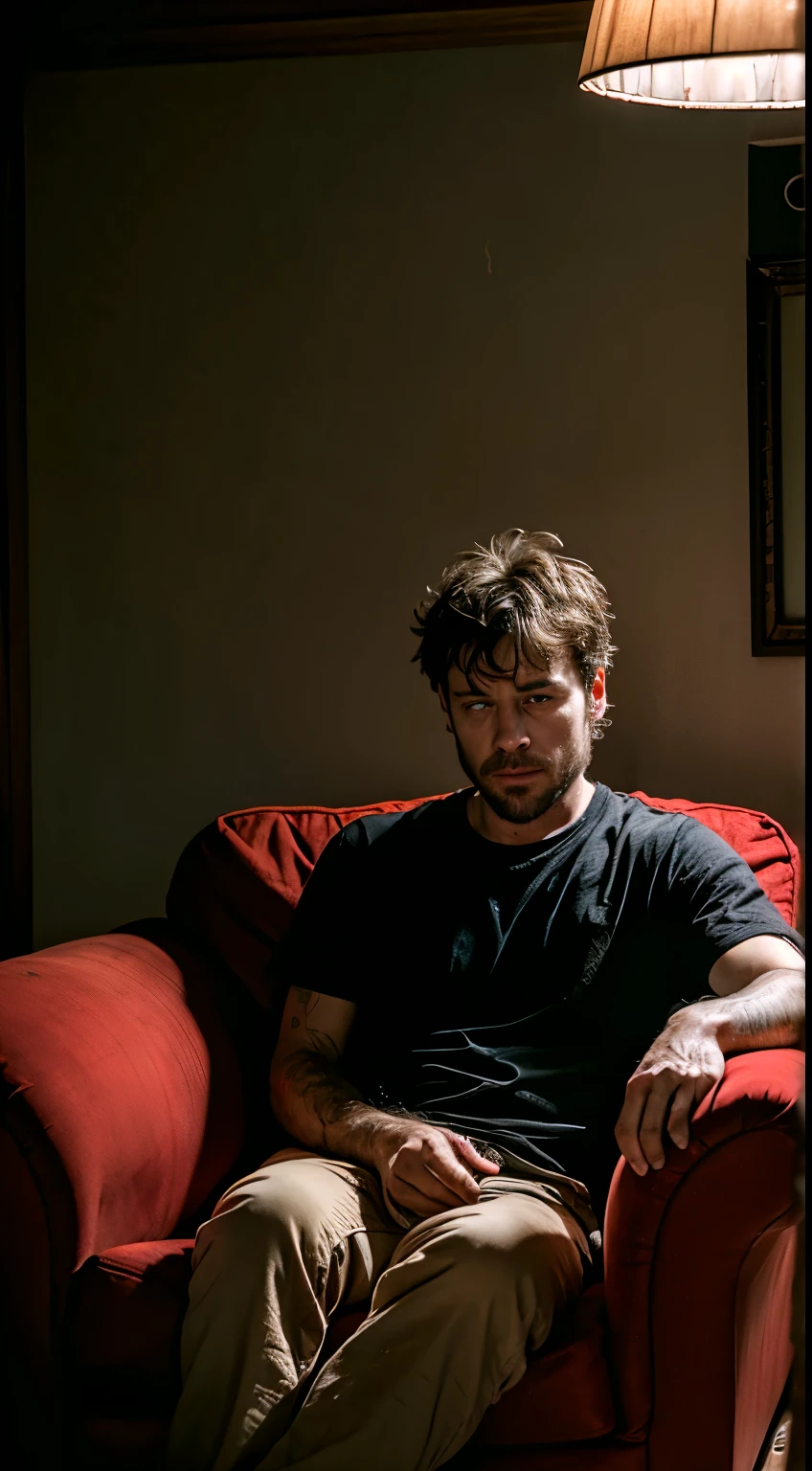 a man sitting in an armchair in his house, he is alone and the environment looks like a movie, He has a tired facial expression, your eyes are swollen and red from sleep, he looks like a zombie but human, your hair is all messed up, the scene is dirty with food 8k,
