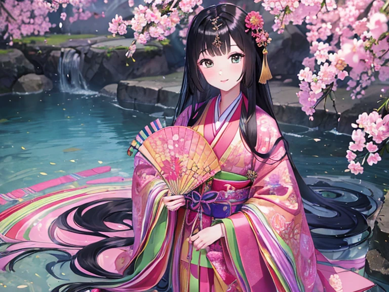 (Highest quality、 8k 、masterpiece、High resolution)、Heian period、A beautiful young woman from the nobility、、(Straight hair、Long, beautiful black hair)，(12 Single layer kimono、Mainly light pink　Many colors　Vibrant colors　The beauty of layered colors)，背景はHeian periodの建物、Official Art、Detailed CG、