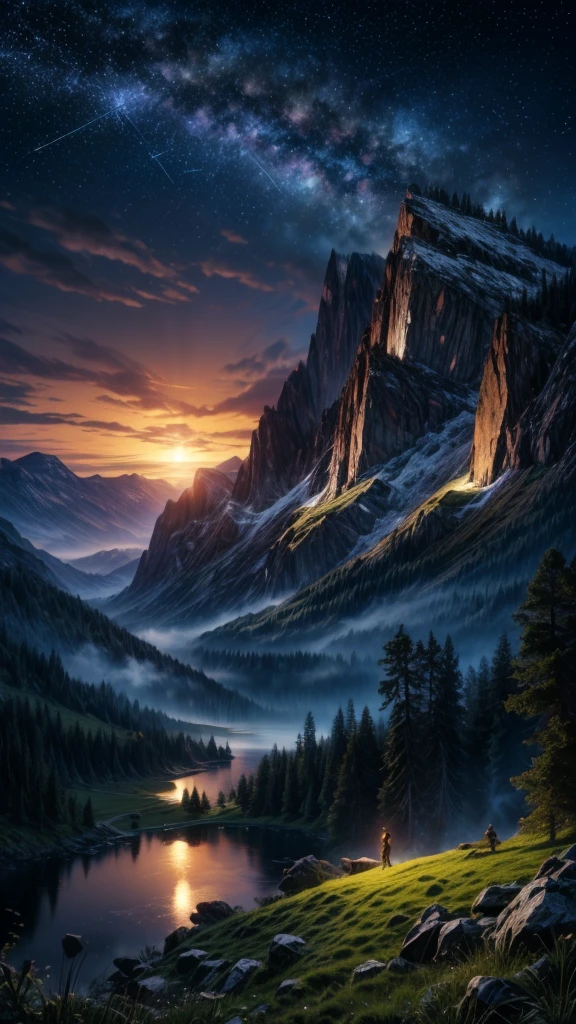 (Logo, Amazing, 8K, Tabletop, Raw Photo, Amazing, Top Quality, Photorealistic and Highly Detailed, CG, High Quality, Highly Detailed, Narrative Verse, Particle Effects, Dynamic Effects, Text Border the depth, cinematic lights, flares, raytracing, tabletop, realistic, ultra HD, fantasy), the wind, the beauty and brilliance of mountains and forests, the serenity and beauty of the world's grasslands and vast lands, Lakeside, wonderful scenery, beautiful natural scenery, night, starry sky, constellation, full moon, space, gorgeous, view, water, constellation, wonder, fantastic, meteor, magic, best illumination, best shadow