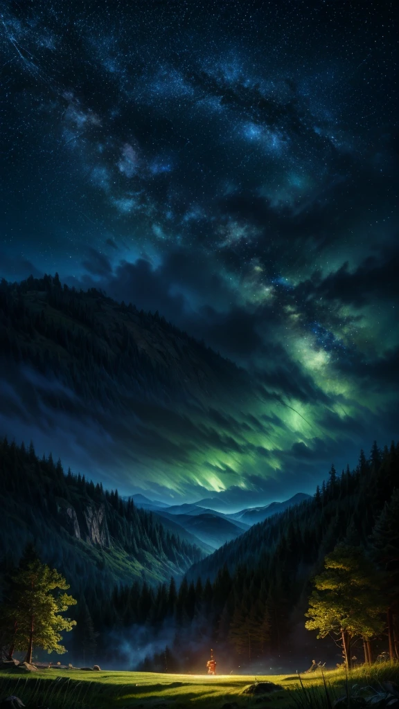 (Logo, Amazing, 8K, Tabletop, Raw Photo, Amazing, Top Quality, Photorealistic and Highly Detailed, CG, High Quality, Highly Detailed, Narrative Verse, Particle Effects, Dynamic Effects, Text Border the depth, cinematic lights, flares, raytracing, tabletop, realistic, ultra HD, fantasy), the wind, the beauty and brilliance of mountains and forests, the serenity and beauty of the world's grasslands and vast lands, Lakeside, wonderful scenery, beautiful natural scenery, night, starry sky, constellation, full moon, space, gorgeous, view, water, constellation, wonder, fantastic, meteor, magic, best illumination, best shadow