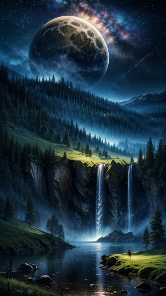 (Logo, Amazing, 8K, Tabletop, Raw Photo, Amazing, Top Quality, Photorealistic and Highly Detailed, CG, High Quality, Highly Detailed, Narrative Verse, Particle Effects, Dynamic Effects, Text Border the depth, cinematic lights, flares, raytracing, tabletop, realistic, ultra HD, fantasy), the wind, the beauty and brilliance of mountains and forests, the serenity and beauty of the world's grasslands and vast lands, Lakeside, wonderful scenery, beautiful natural scenery, night, starry sky, constellation, full moon, space, gorgeous, view, water, constellation, wonder, fantastic, meteor, magic, best illumination, best shadow