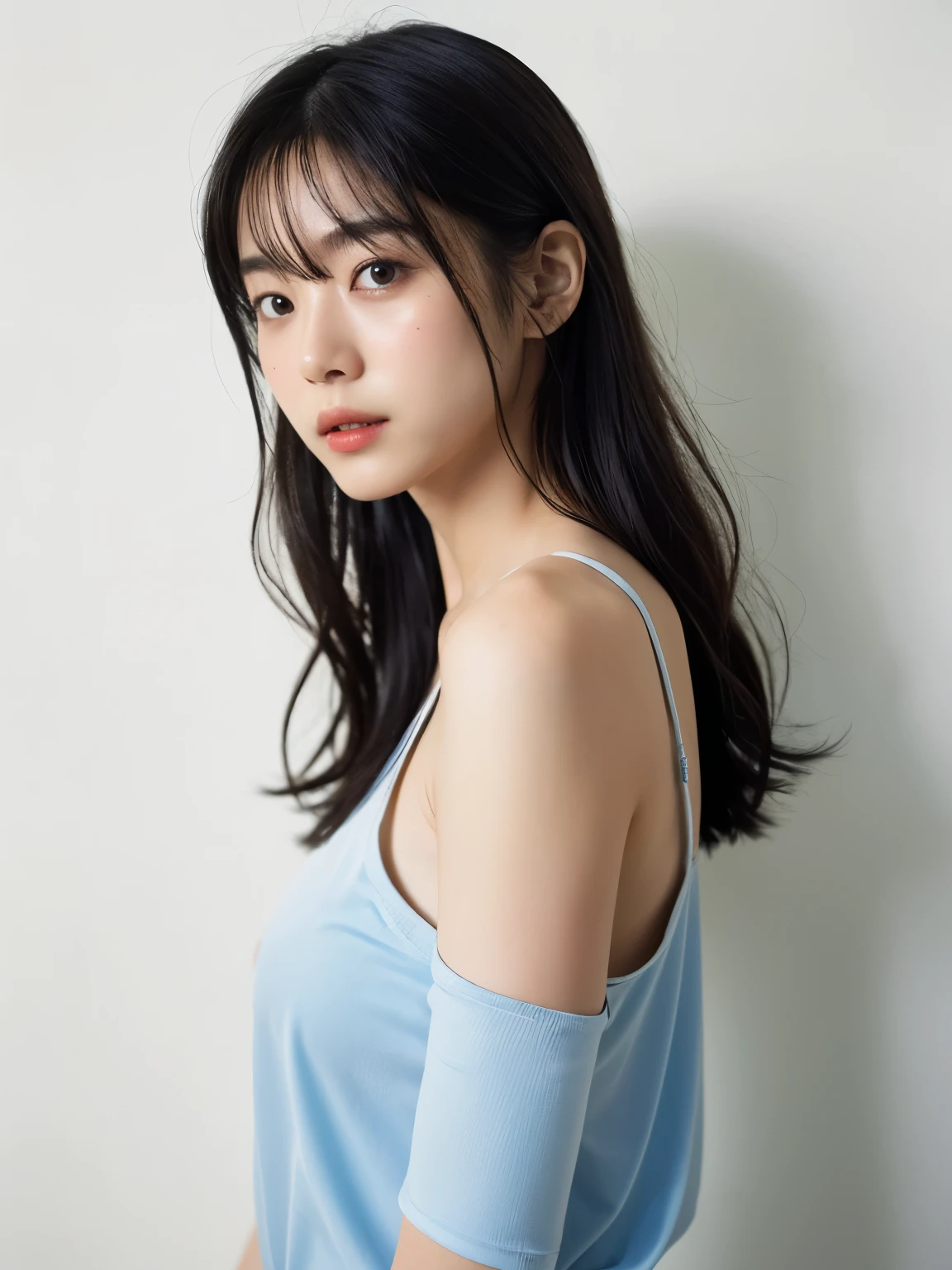 See-through tops、Big Breasts、camisole、(背景にWhite wall、Some of her hair is sky blue:1.4)、White wall、In front of a white door、(窓のあるWhite wallの部屋)、((Highest quality、8k、masterpiece:1.3))、Ultra-high resolution、(photoGenuineistic:1.4)、RAW Photos、Japanese,(face)、Genuine、Photographed in natural light、Highly detailed face and skin texture、Highly detailed lips、The correct state of the human body、Medium Hair、Black Hair、Various poses、Natural color lip