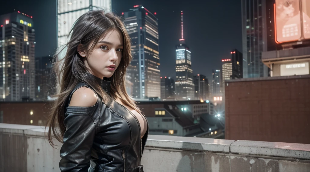 ((masterpiece, best quality, Highest image quality, high resolution, Reality, RAW photos, 8K)), Bustling future city night scene,Girl standing on the roof,Tight leather jacket,Off-shoulder,Large Breasts,Long hair,Pretty face,Closed mouth,dramatic,Mid-range portrait,(midnight)