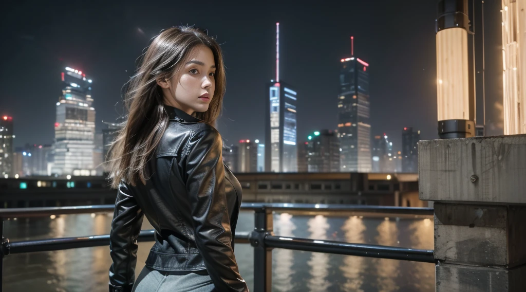 ((masterpiece, best quality, Highest image quality, high resolution, Reality, RAW photos, 8K)), Bustling future city night scene，Girl standing on the roof，Tight leather jacket，Off-shoulder，Large Breasts，Long hair，Pretty face，Closed mouth，dramatic，Mid-range portrait，（midnight）